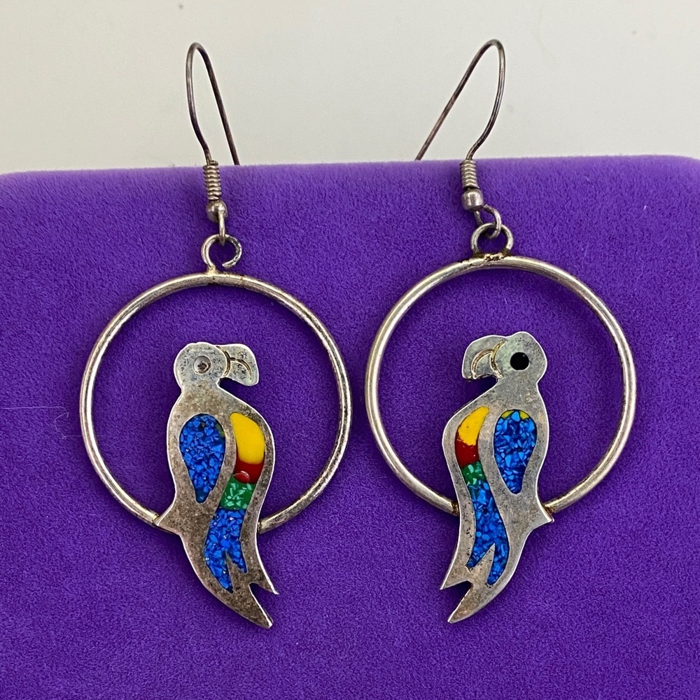💛 Vintage Alpaca Tropical Parrot Hoop Earrings | Multi Colour Inlay